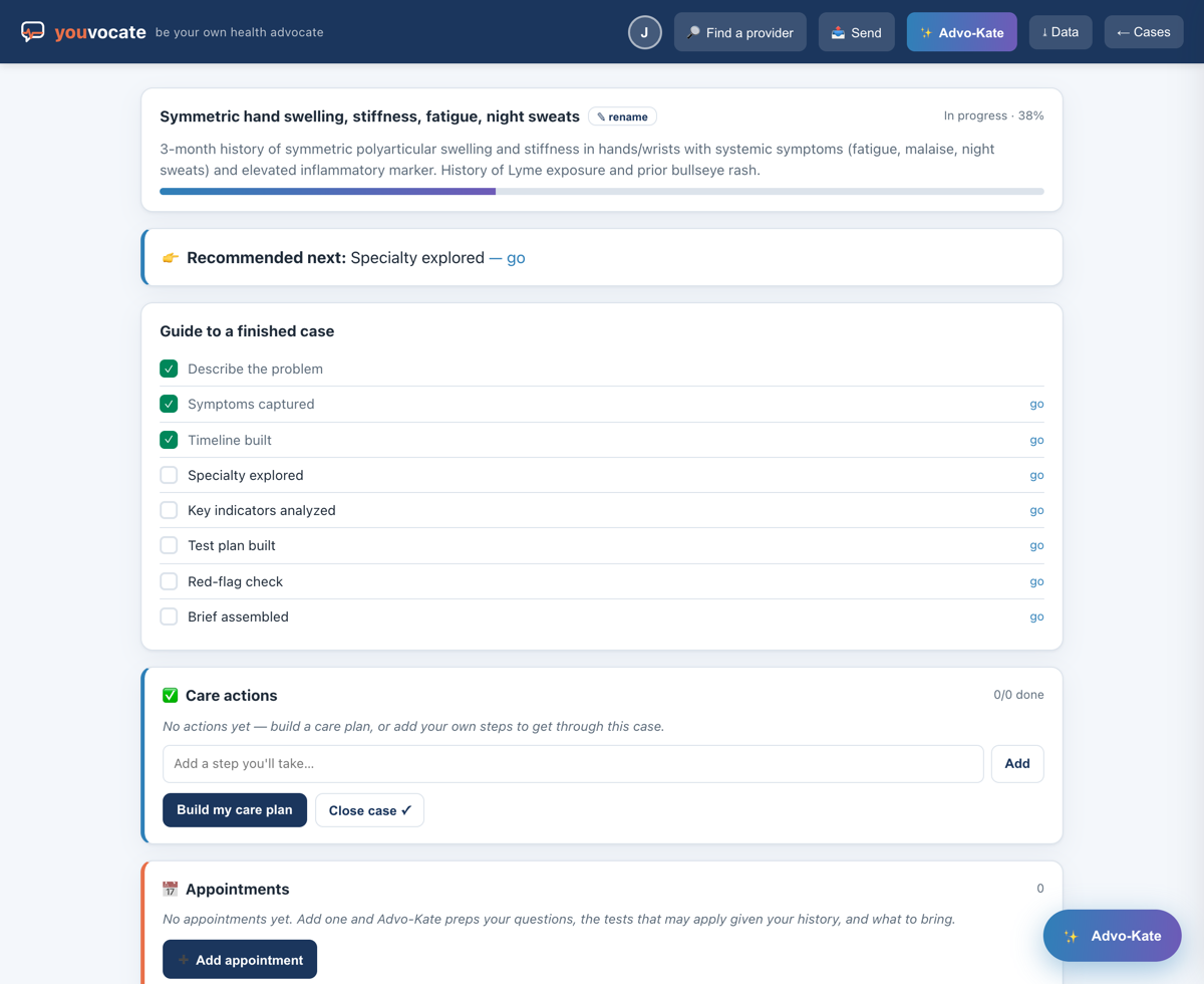 The Youvocate app showing an organized case with a guided path to a finished, clinician-ready brief